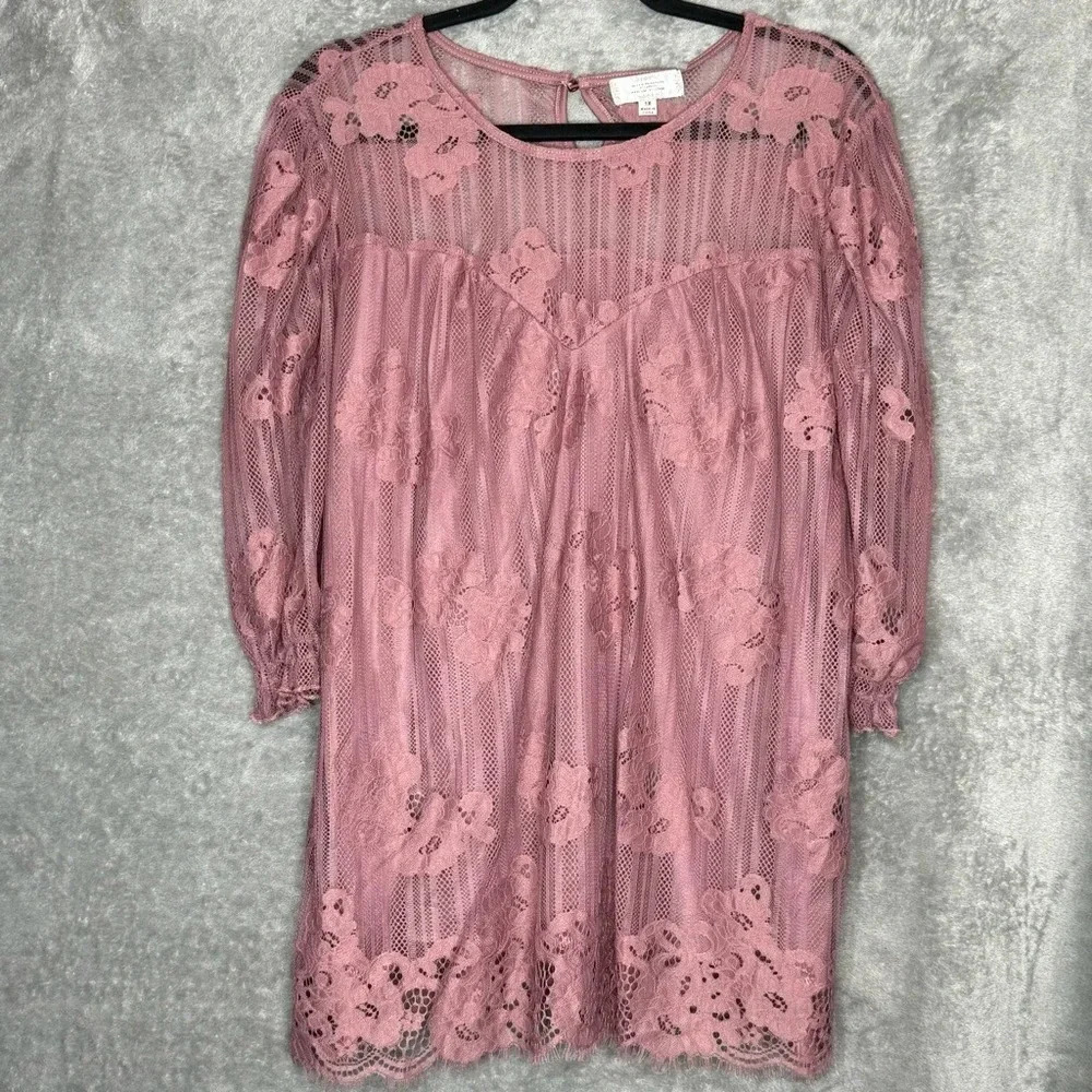 Shannon Ford 1X Shirt Top Pink Floral Flower Lace Short Sleeve Scoop Neck Sheer